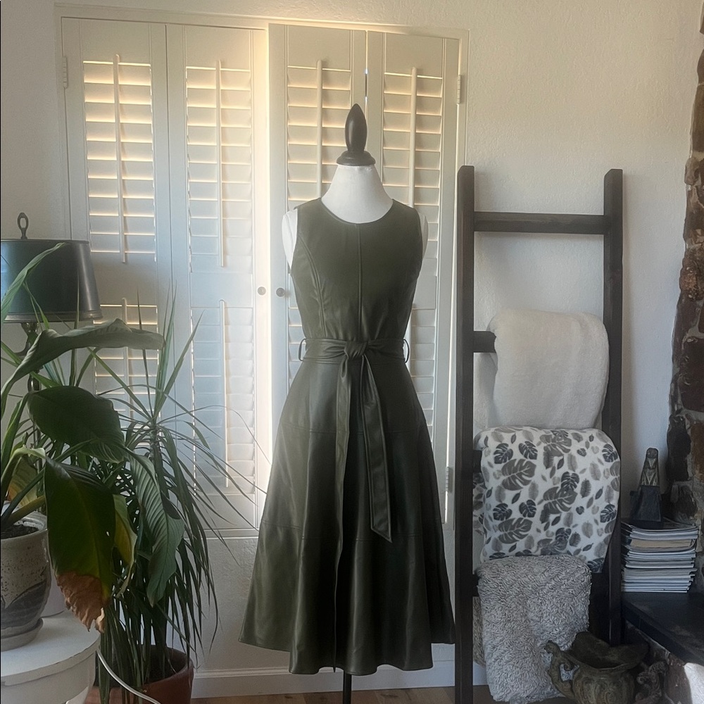 Chic Olive Green Midi Dress Pleather  with matching belt.